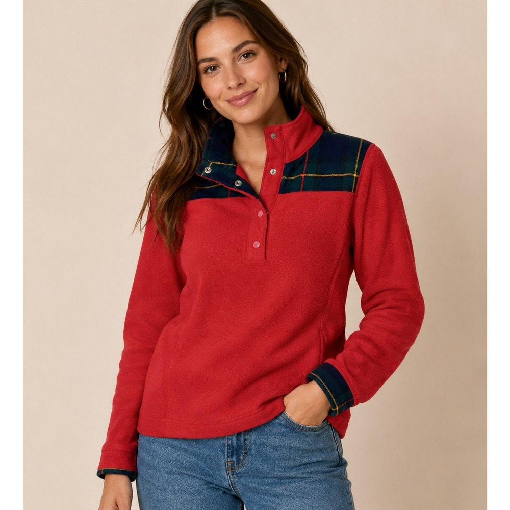 Crown & Ivy‎ Fleece Pullover Red Plaid Accent Snap Mock Neck Preppy XS